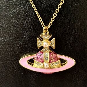 Vivienne Westwood Pink Enamel Pearl Austrian Crystal Embedded Orb Drop Neclace